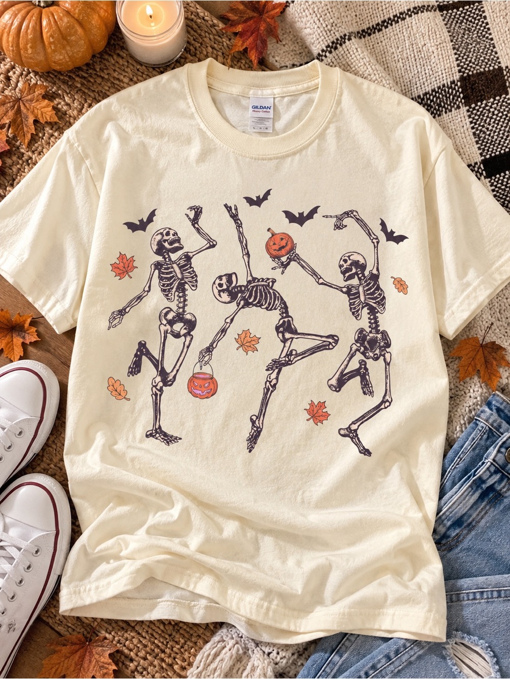Halloween Dancing Skeletons Tee with Orange Accents Gildan Shirt